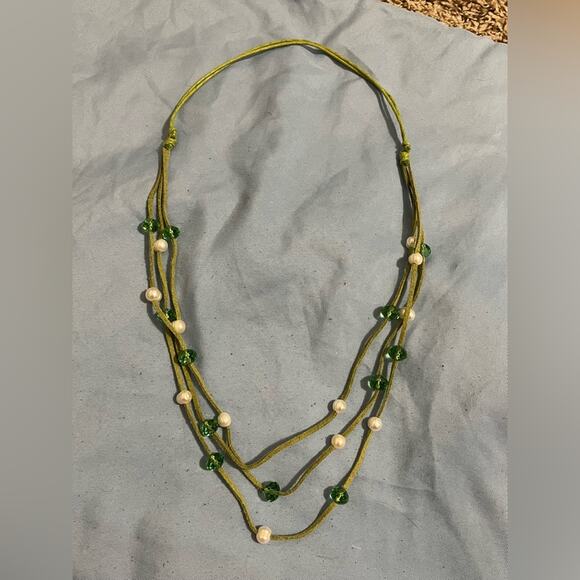 Y2K Green Leather Cord with Beads Extendable Necklace - Picture 1 of 6